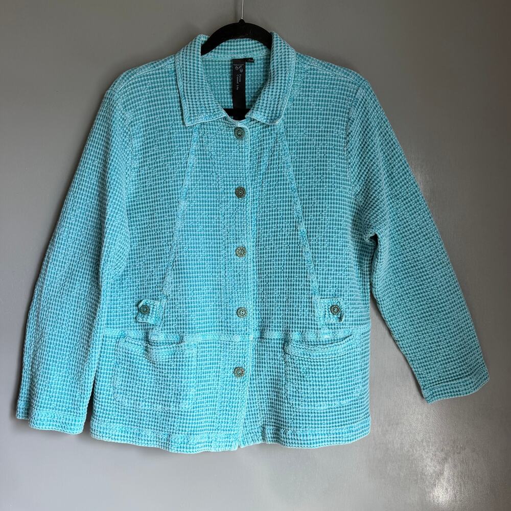 FOCUS Women's L Turquoise Teal Blue Button Up Cotton Waffle Lightweight Jacket